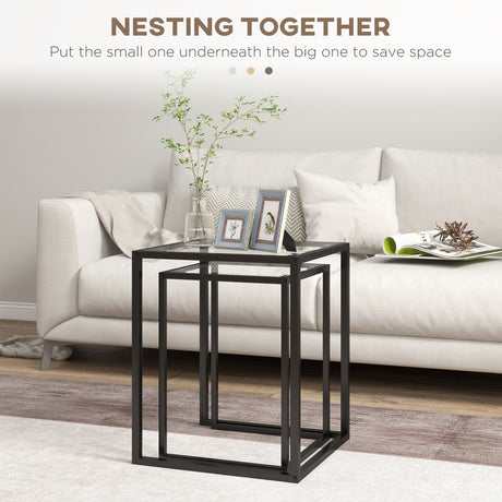 Glass Nest Of 2 Tables 42cm Wide With Steel Frame - Velmora
