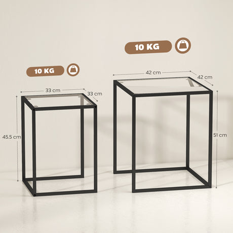 Glass Nest Of 2 Tables 42cm Wide With Steel Frame - Velmora