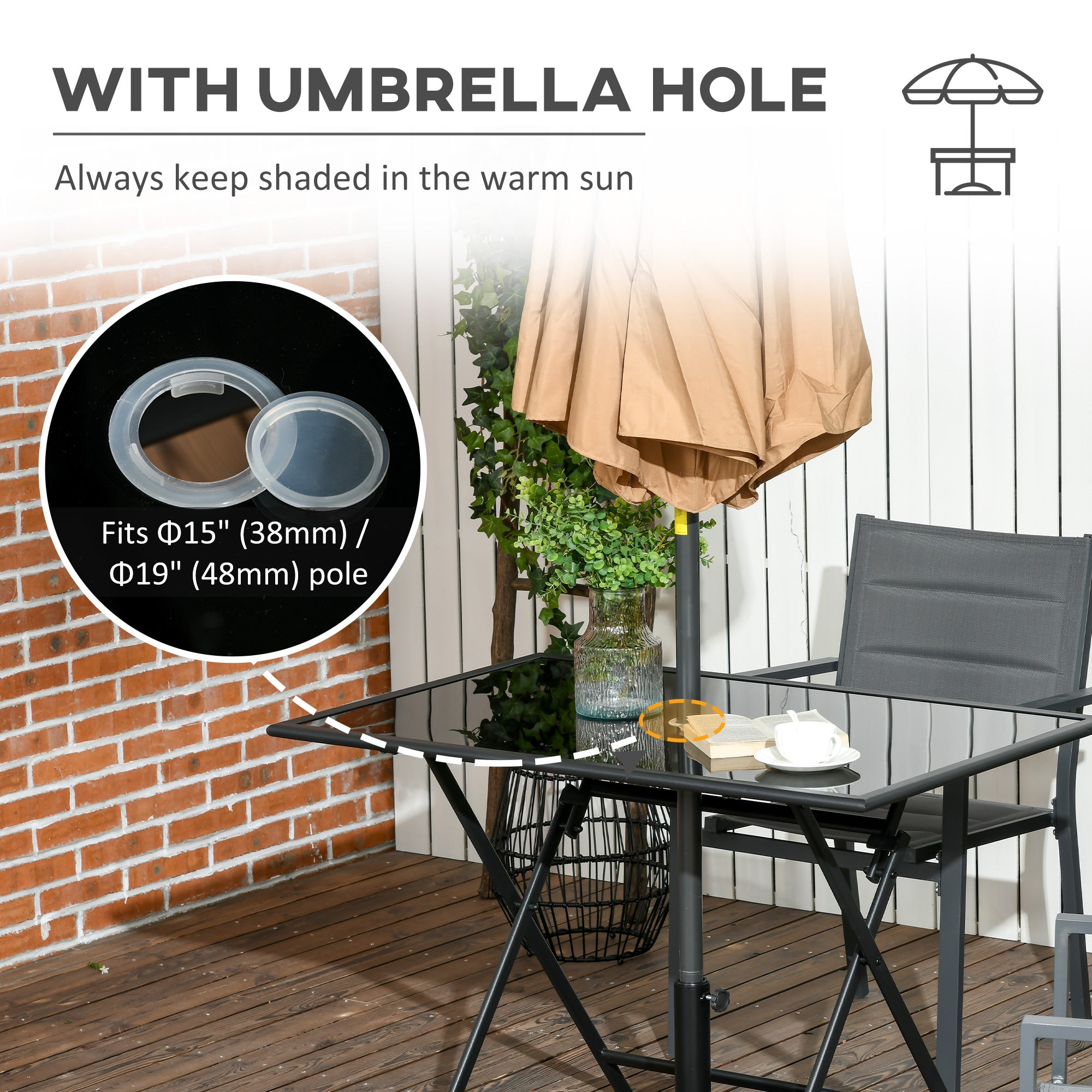 Glass Outdoor Dining Table for 6 People With Parasol Hole Rectangular - Velmora
