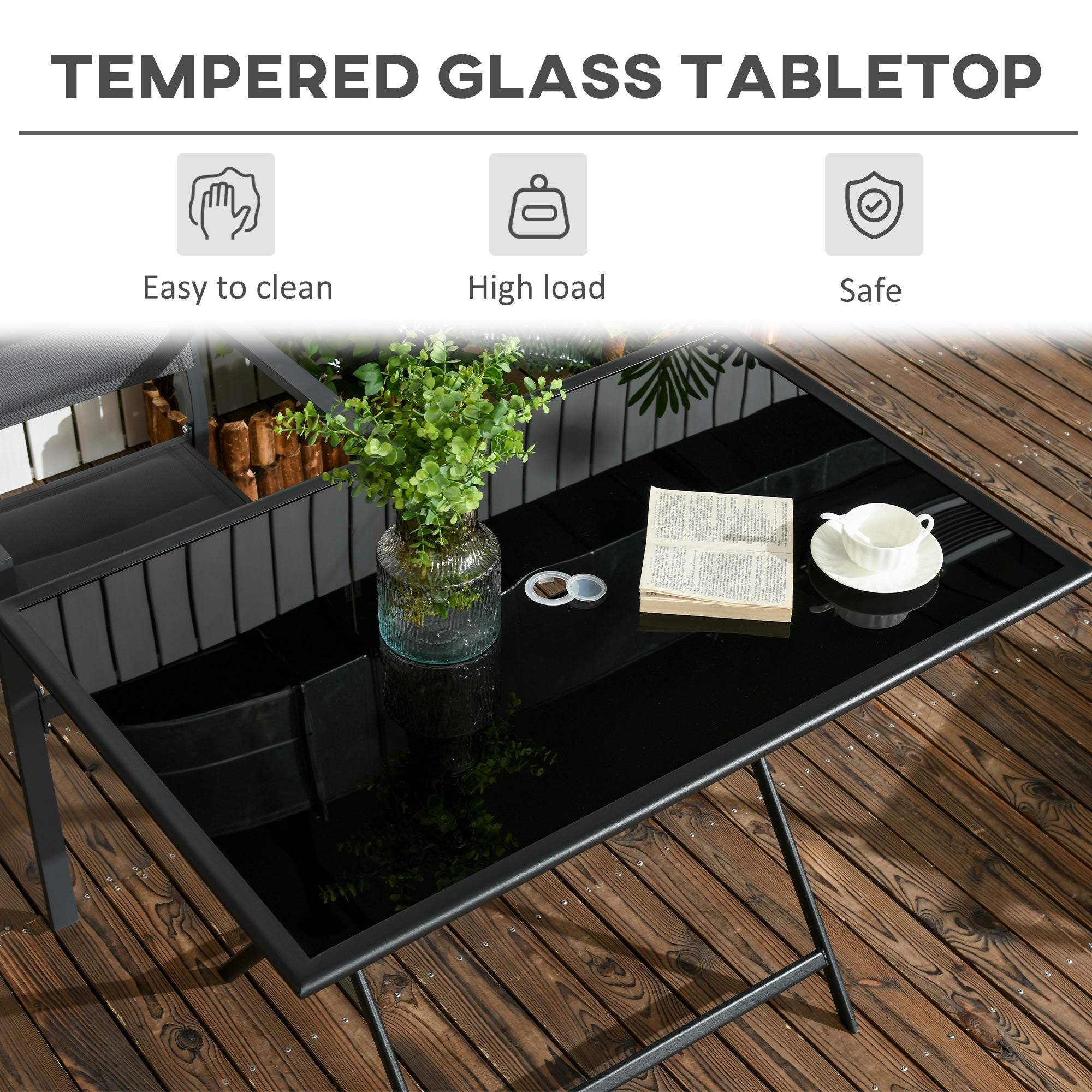 Glass Outdoor Dining Table for 6 People With Parasol Hole Rectangular - Velmora