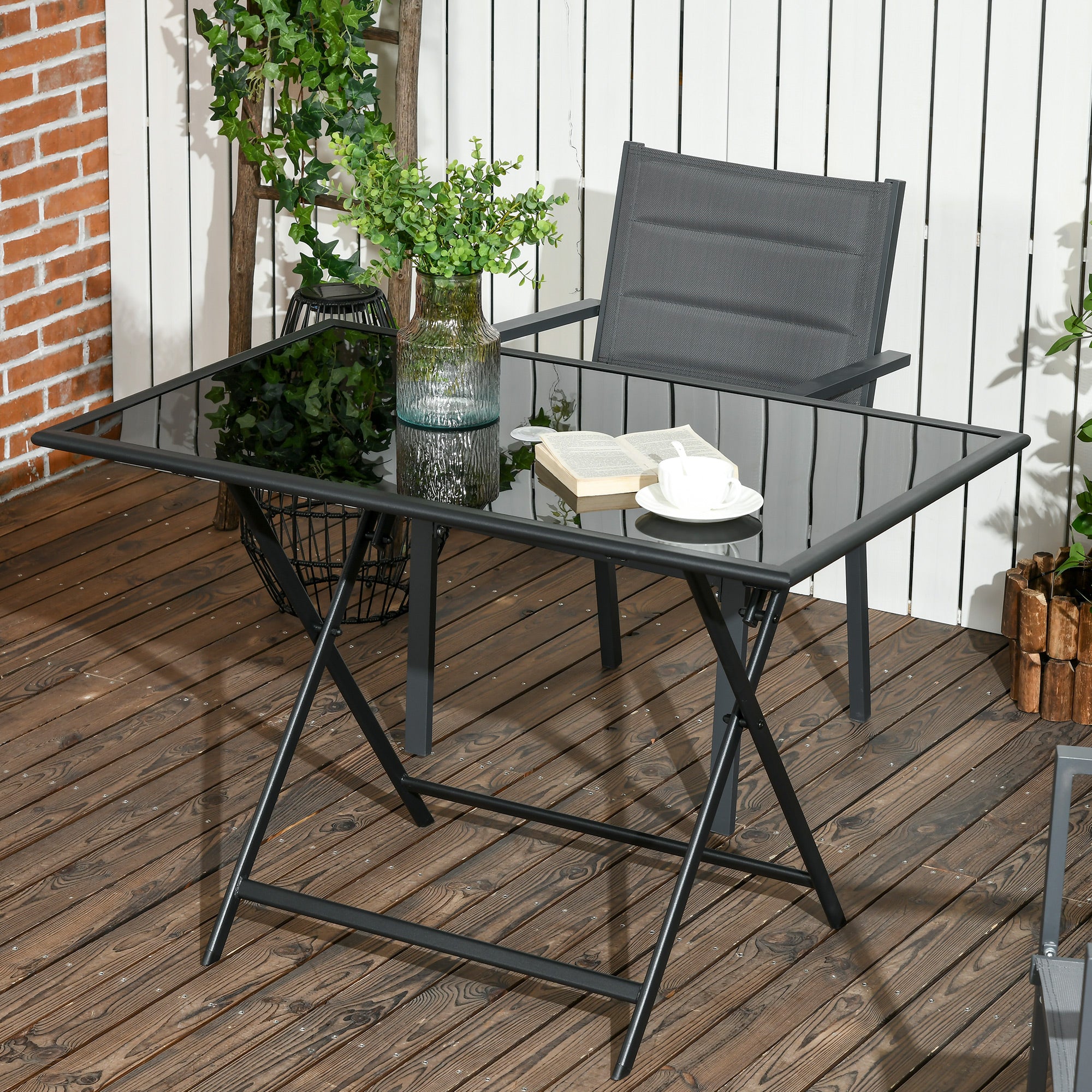 Glass Outdoor Dining Table for 6 People With Parasol Hole Rectangular - Velmora
