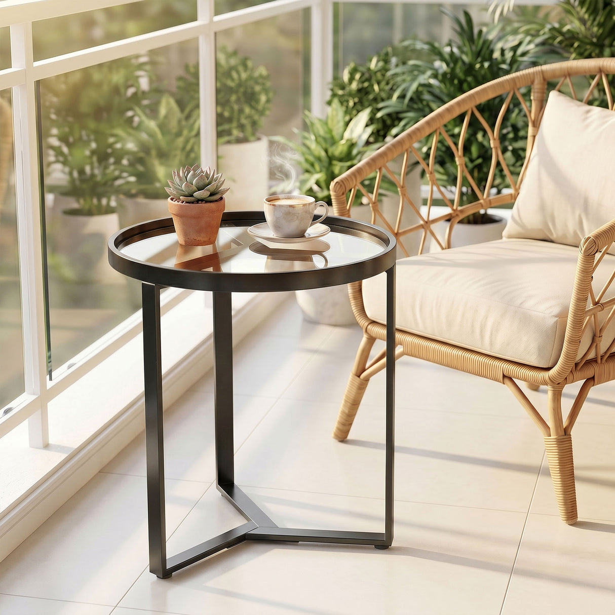 Glass Side Table 45cm Wide With Gold Metal Frame - Velmora