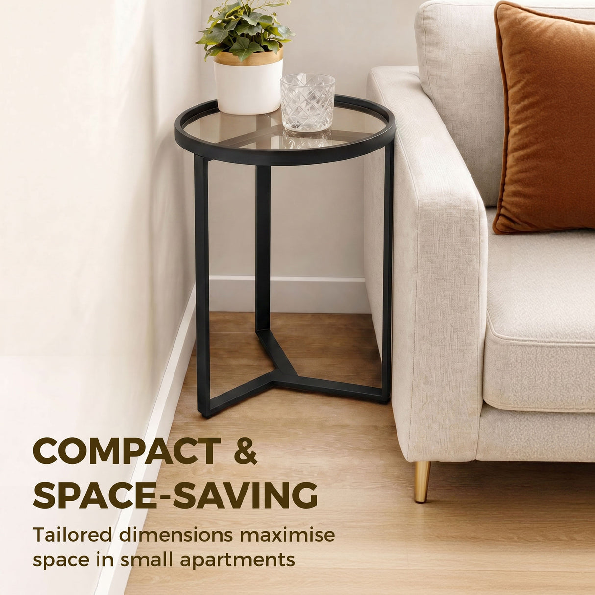 Glass Side Table 45cm Wide With Gold Metal Frame - Velmora