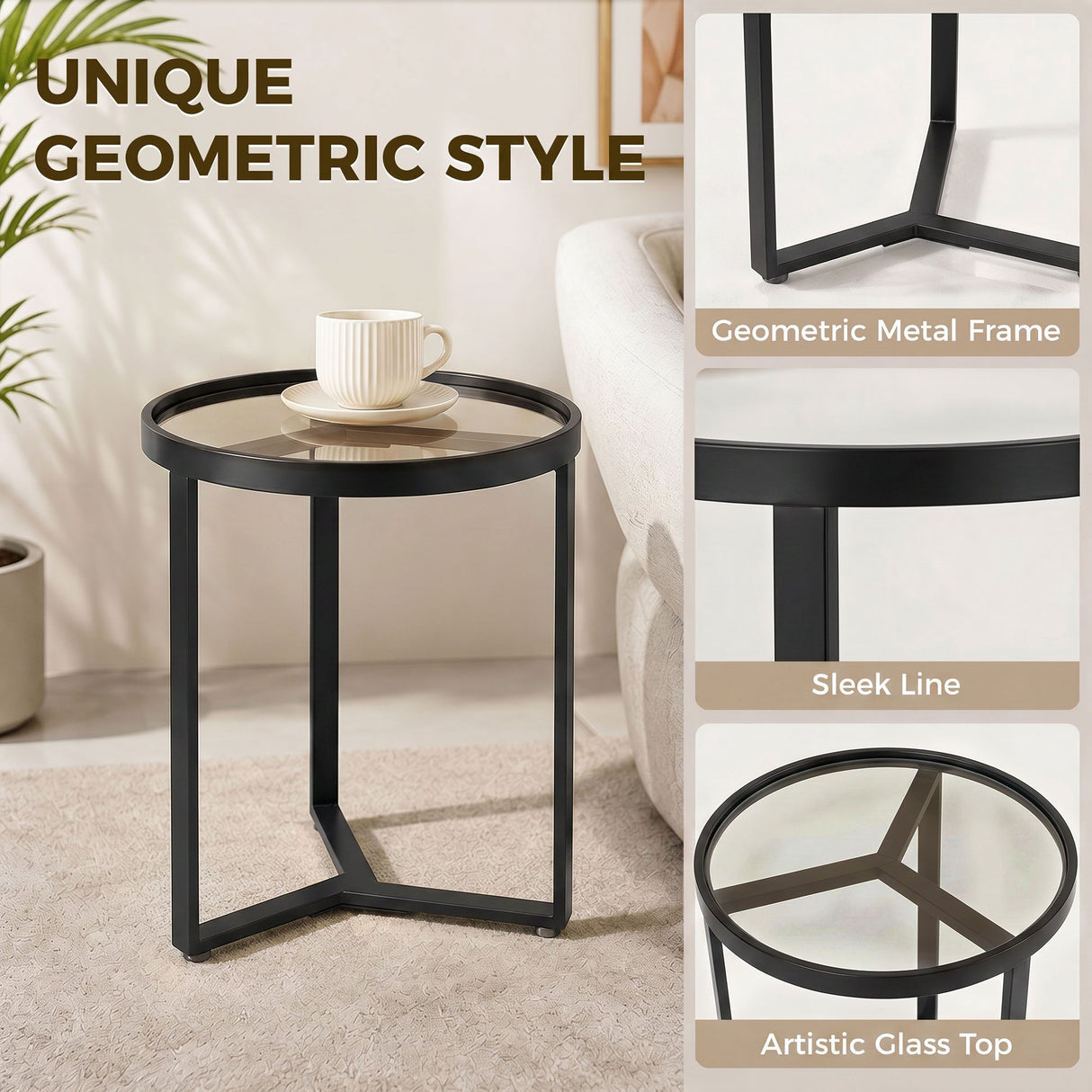 Glass Side Table 45cm Wide With Gold Metal Frame - Velmora