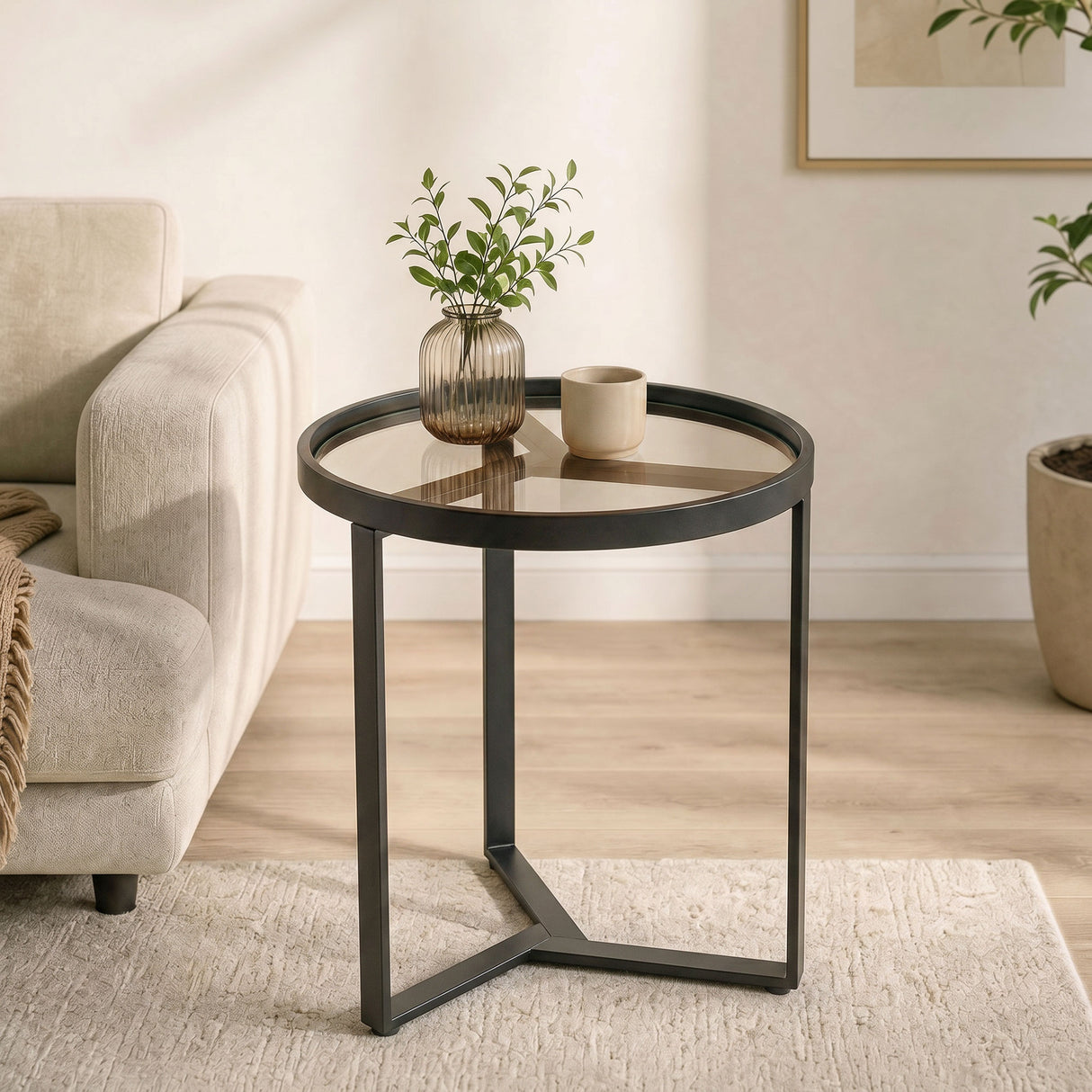 Glass Side Table 45cm Wide With Gold Metal Frame - Velmora