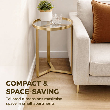 Glass Side Table 45cm Wide With Gold Metal Frame - Velmora