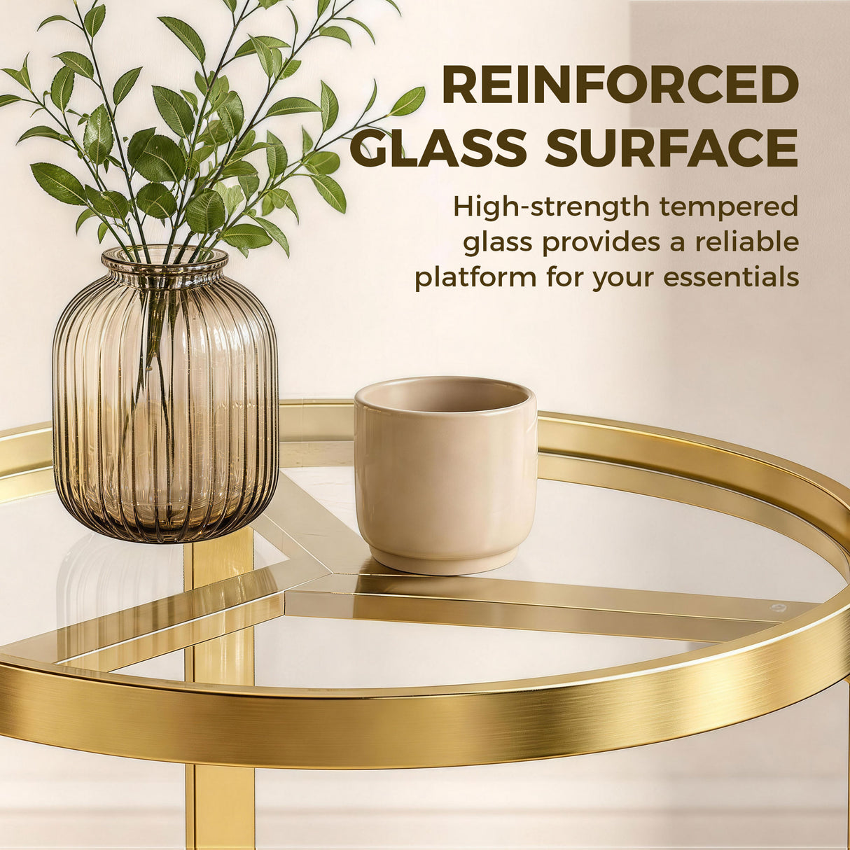 Glass Side Table 45cm Wide With Gold Metal Frame - Velmora