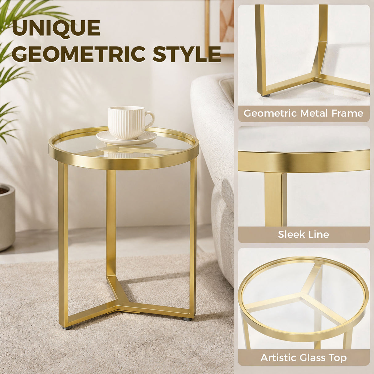 Glass Side Table 45cm Wide With Gold Metal Frame - Velmora