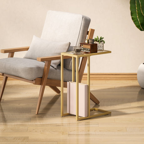 Glass Side Table 46cm Wide With Gold Steel Frame - Velmora
