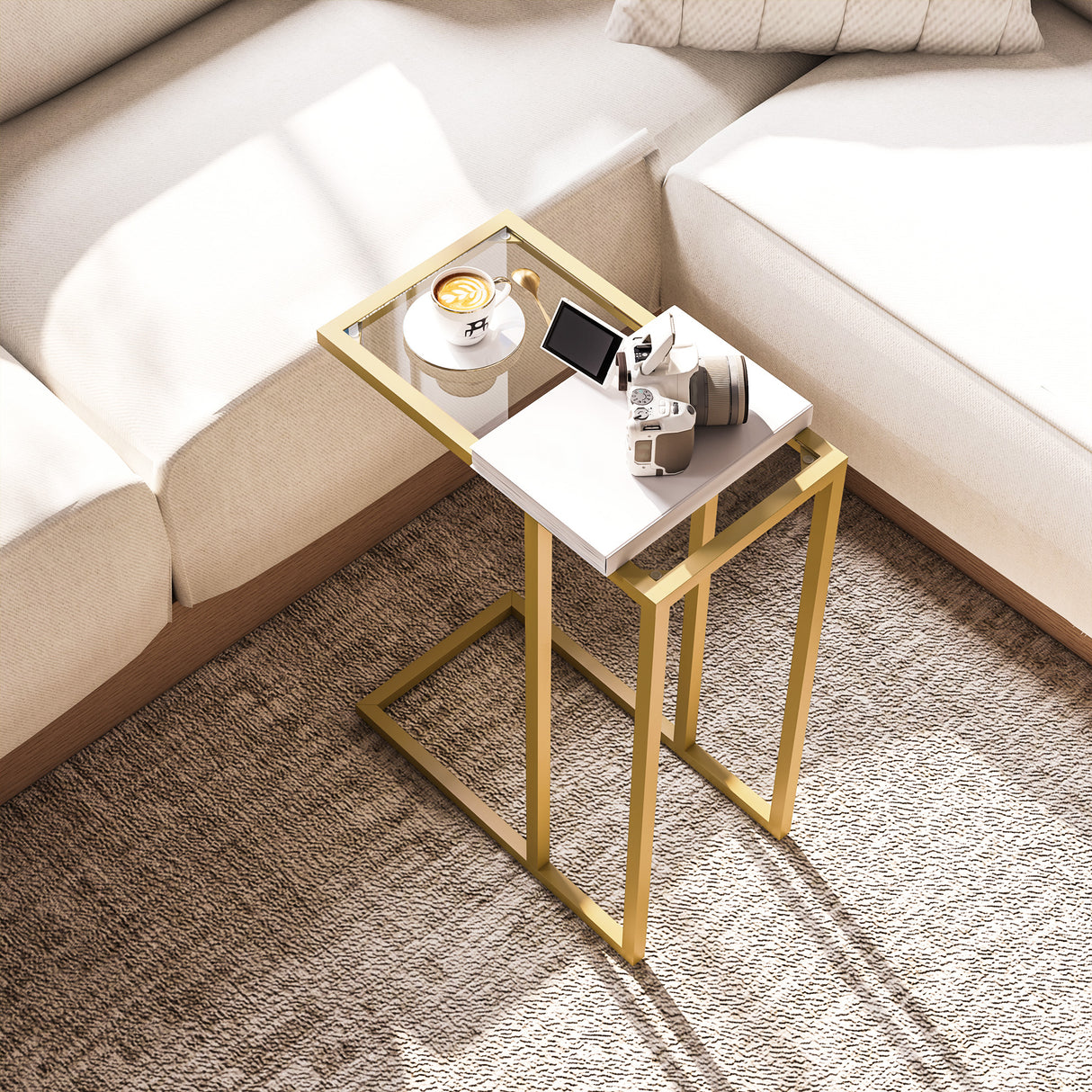 Glass Side Table 46cm Wide With Gold Steel Frame - Velmora