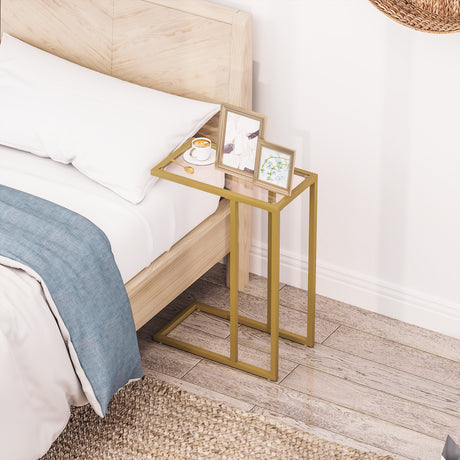 Glass Side Table 46cm Wide With Gold Steel Frame - Velmora