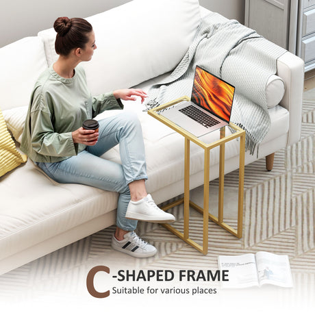 Glass Side Table 46cm Wide With Gold Steel Frame - Velmora