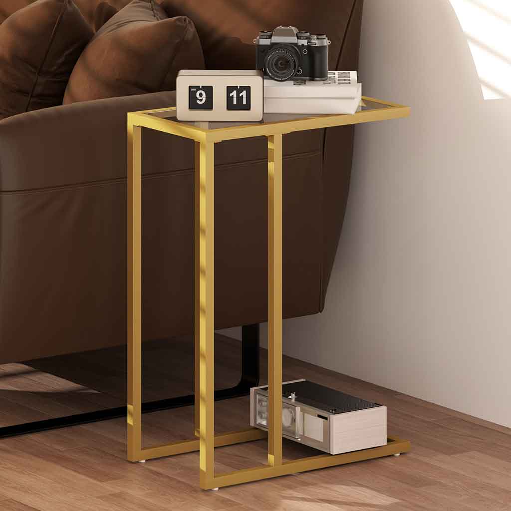 Glass Side Table 46cm Wide With Gold Steel Frame - Velmora