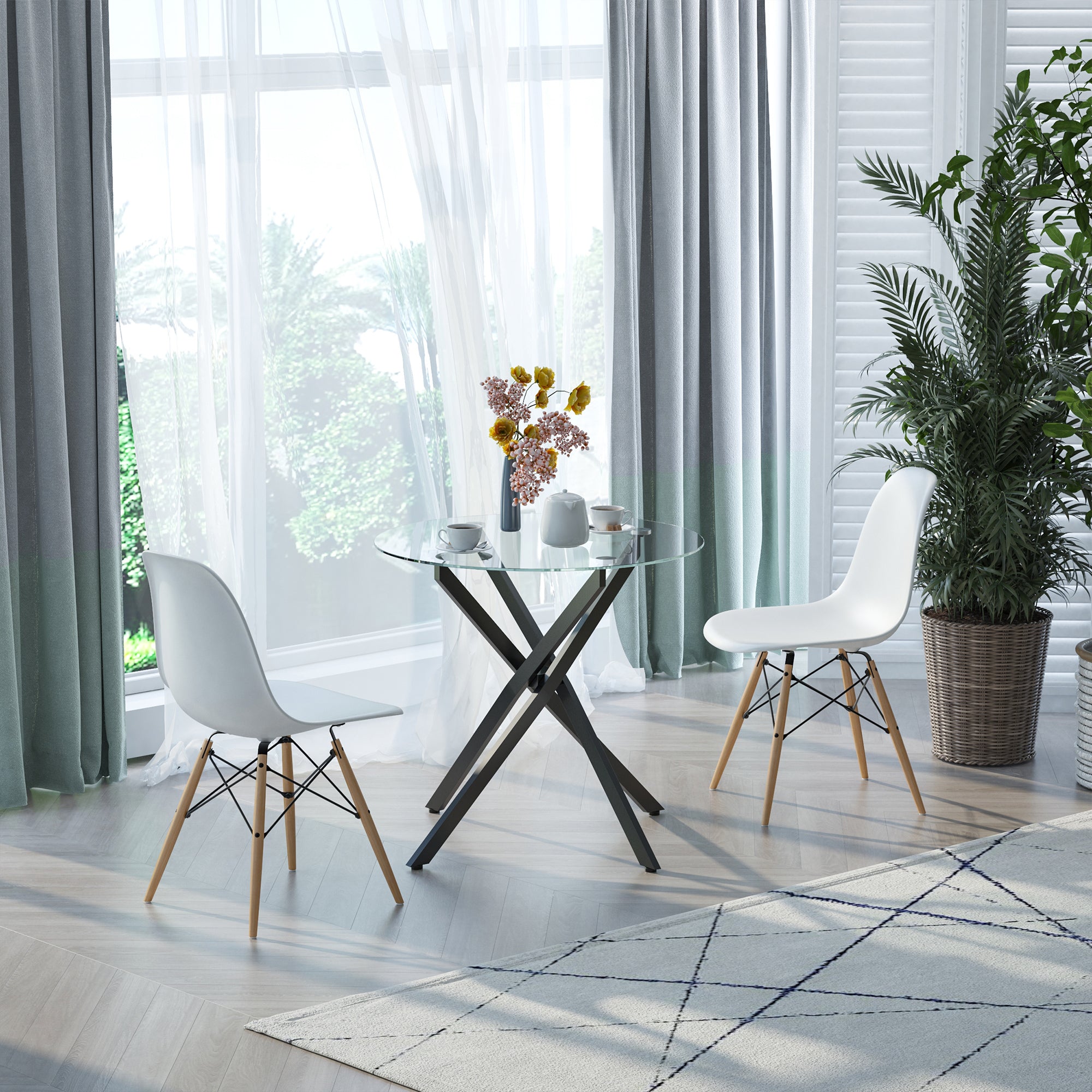 Glass Top Dining Table Round for 4 People With Steel Legs - Velmora
