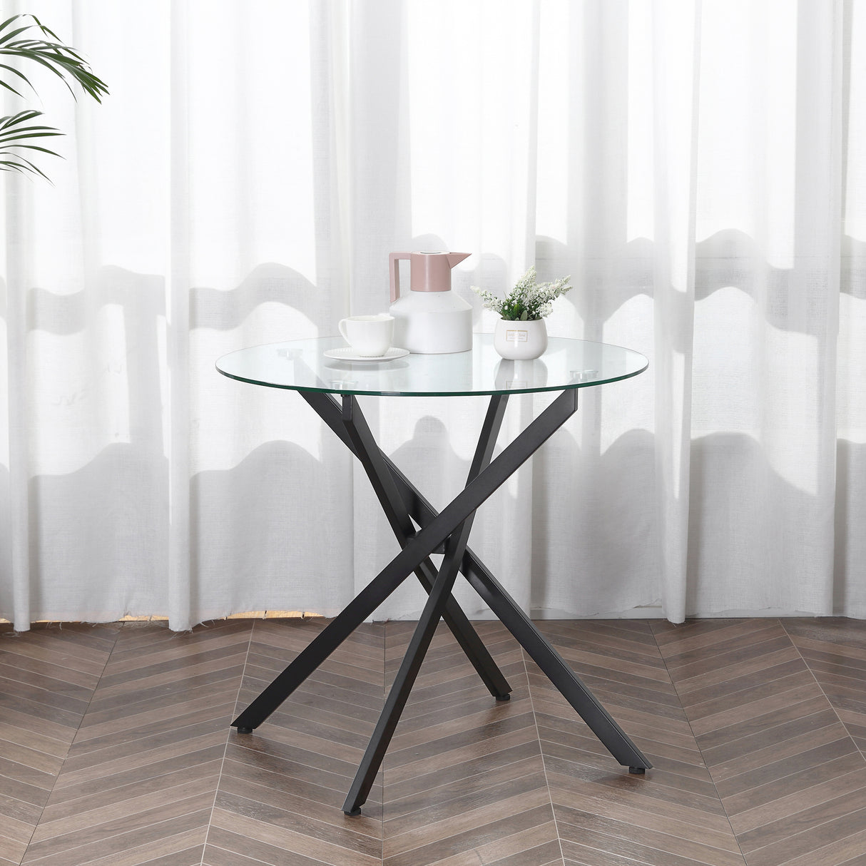 Glass Top Dining Table Round for 4 People With Steel Legs - Velmora