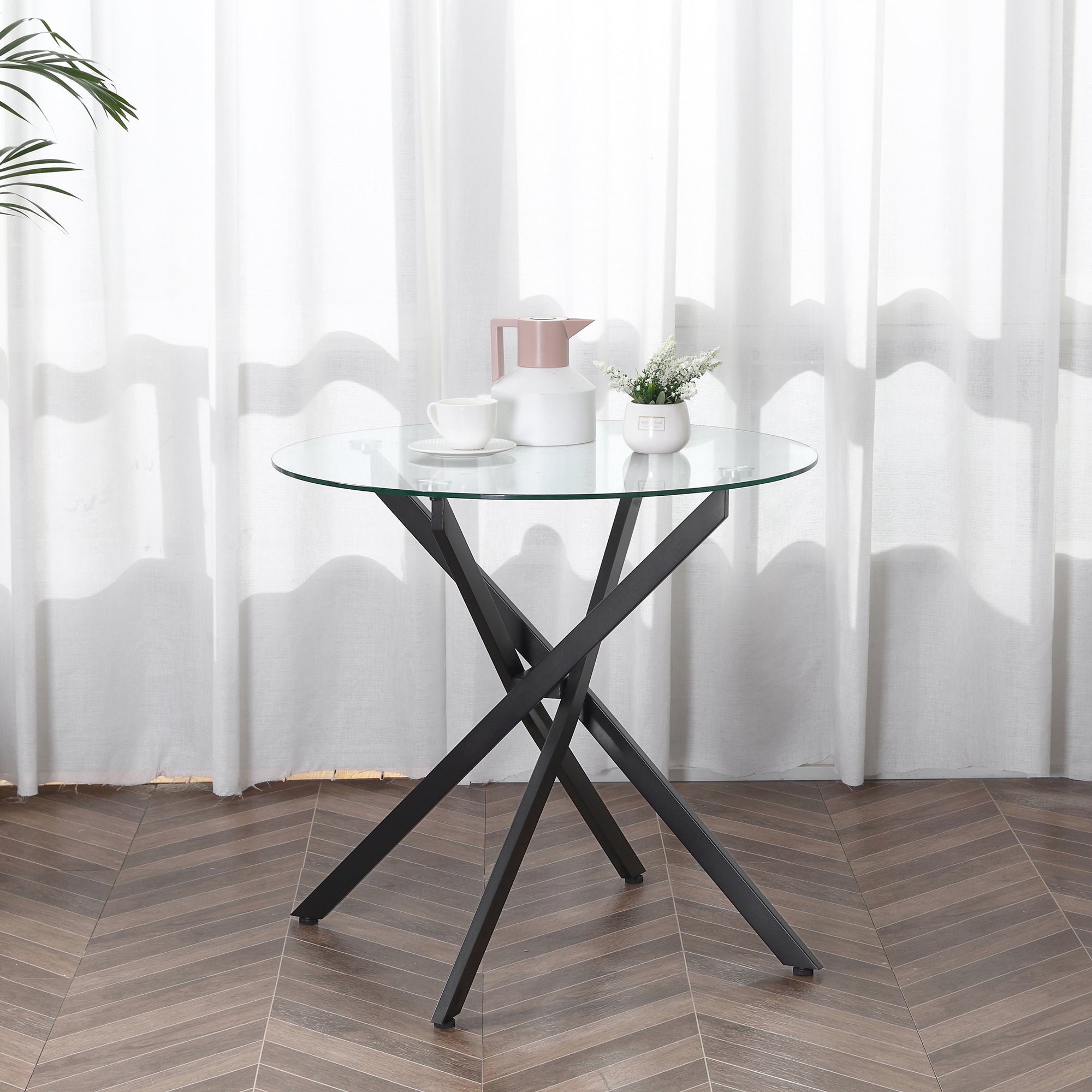 Glass Top Dining Table Round for 4 People With Steel Legs - Velmora