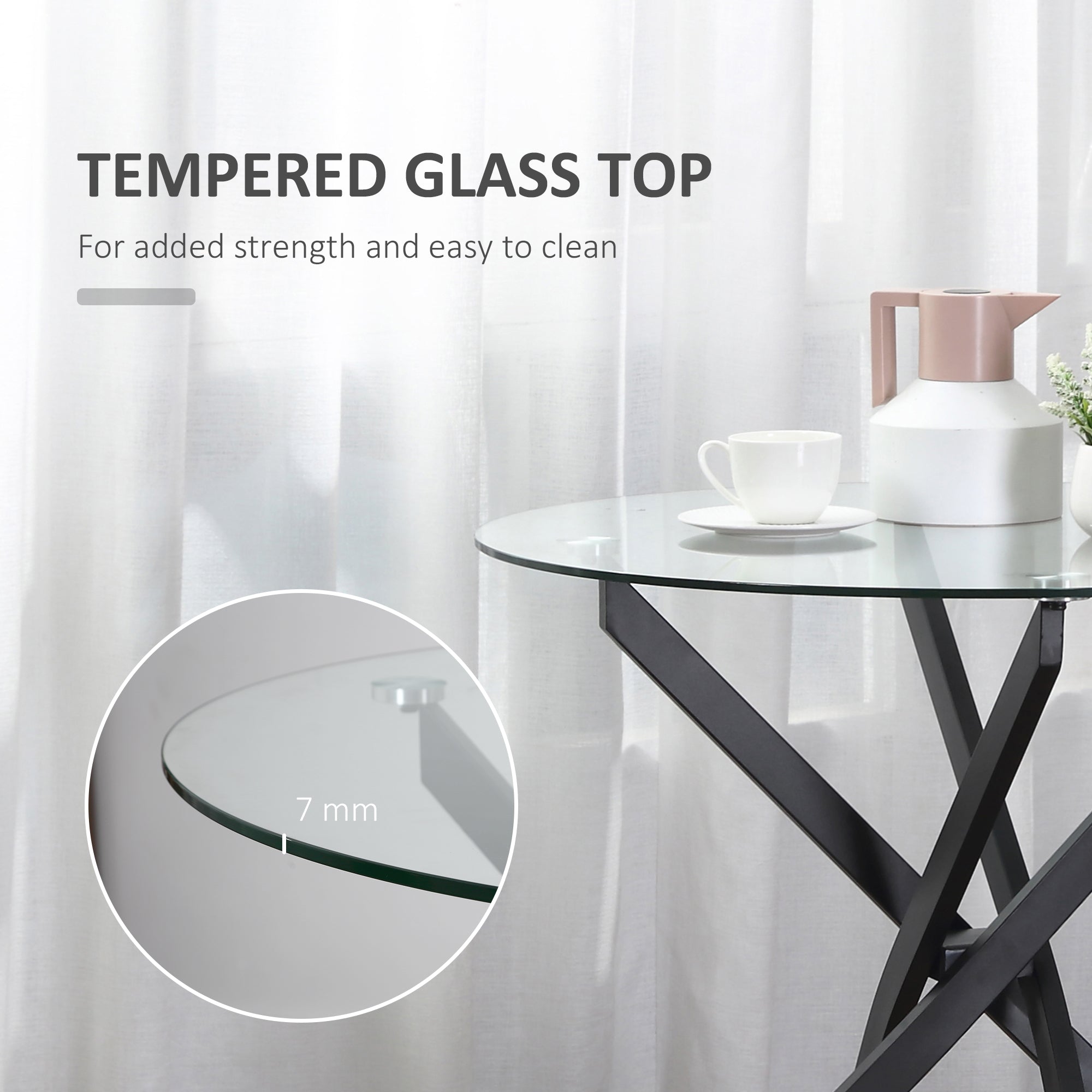 Glass Top Dining Table Round for 4 People With Steel Legs - Velmora