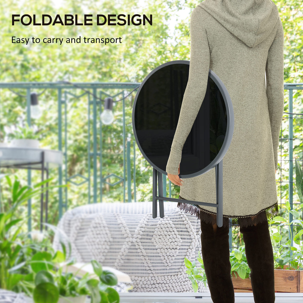 Glass Top Folding Garden Side Table Round - Velmora