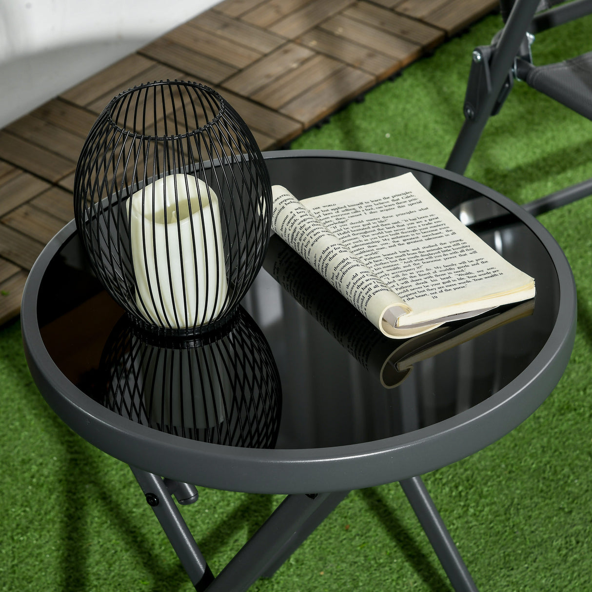 Glass Top Folding Garden Side Table Round - Velmora