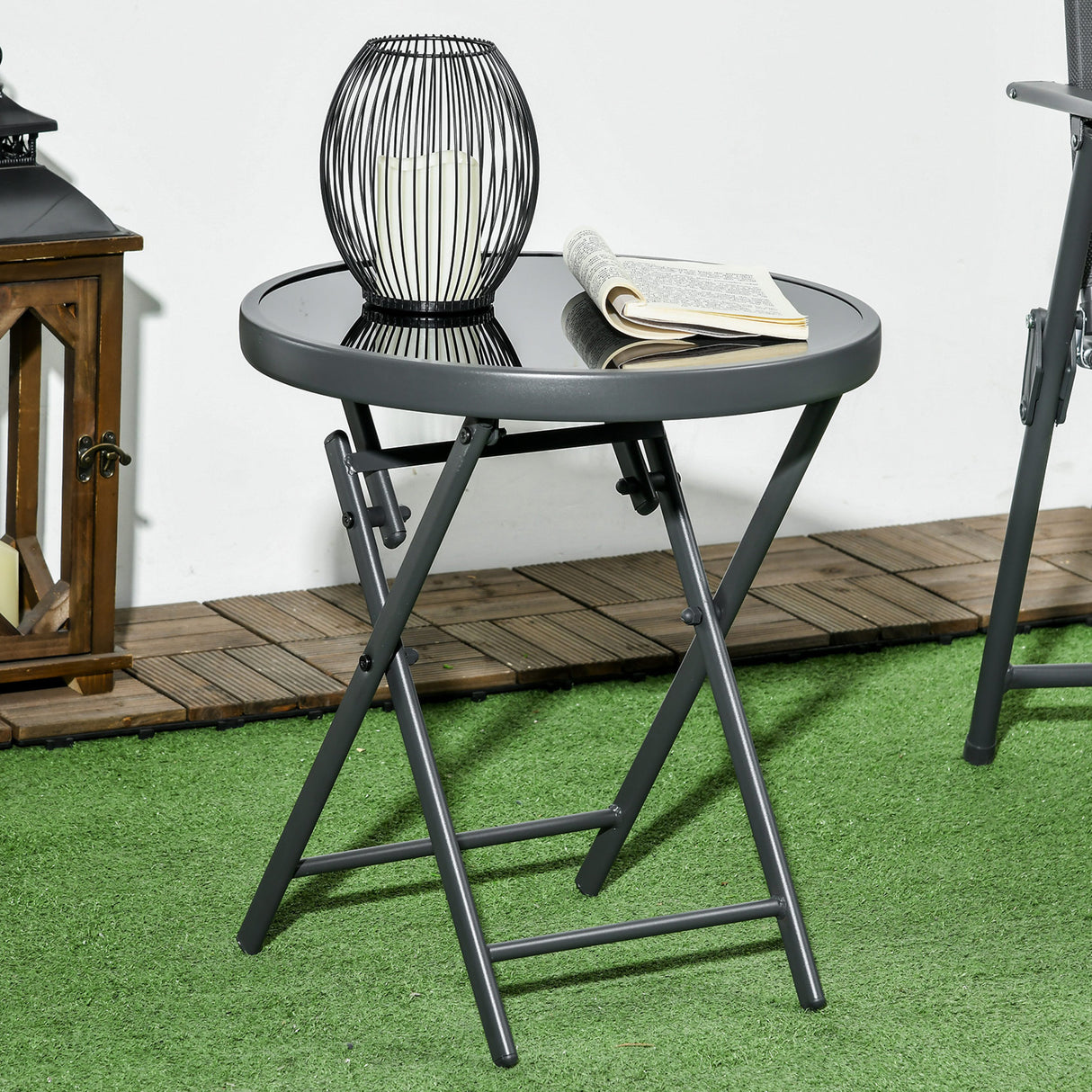 Glass Top Folding Garden Side Table Round - Velmora