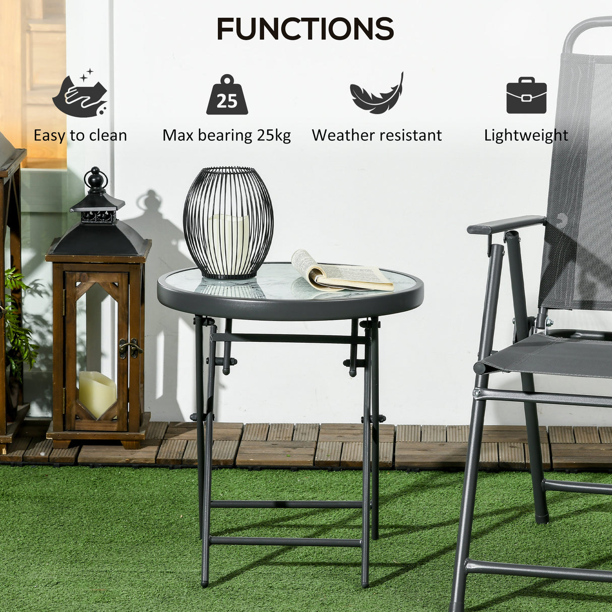Glass Top Folding Garden Side Table Round - Velmora