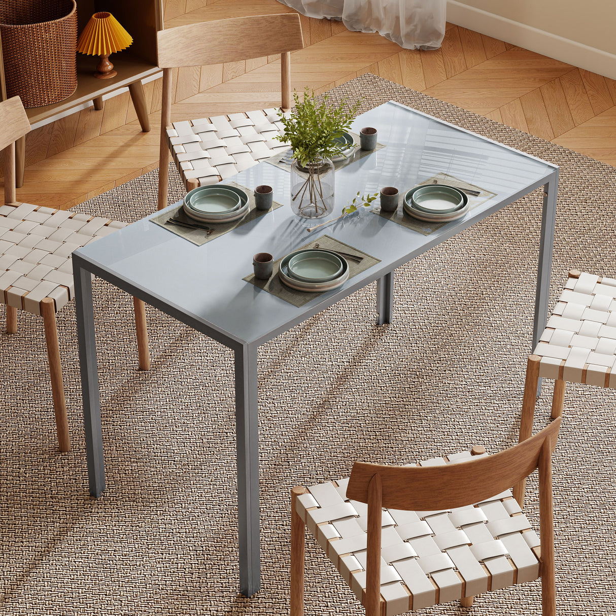 Glass Top Kitchen Dining Table Rectangular for 4 People - Velmora