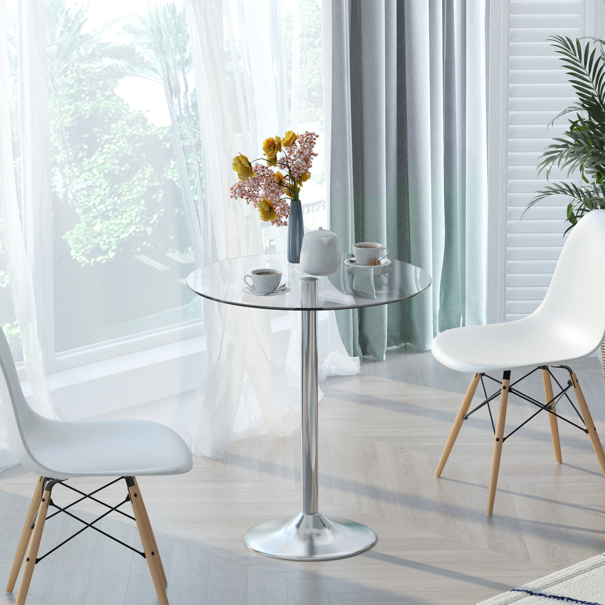 Glass Top Modern Bar Table 70cm Round for 4 People - Velmora