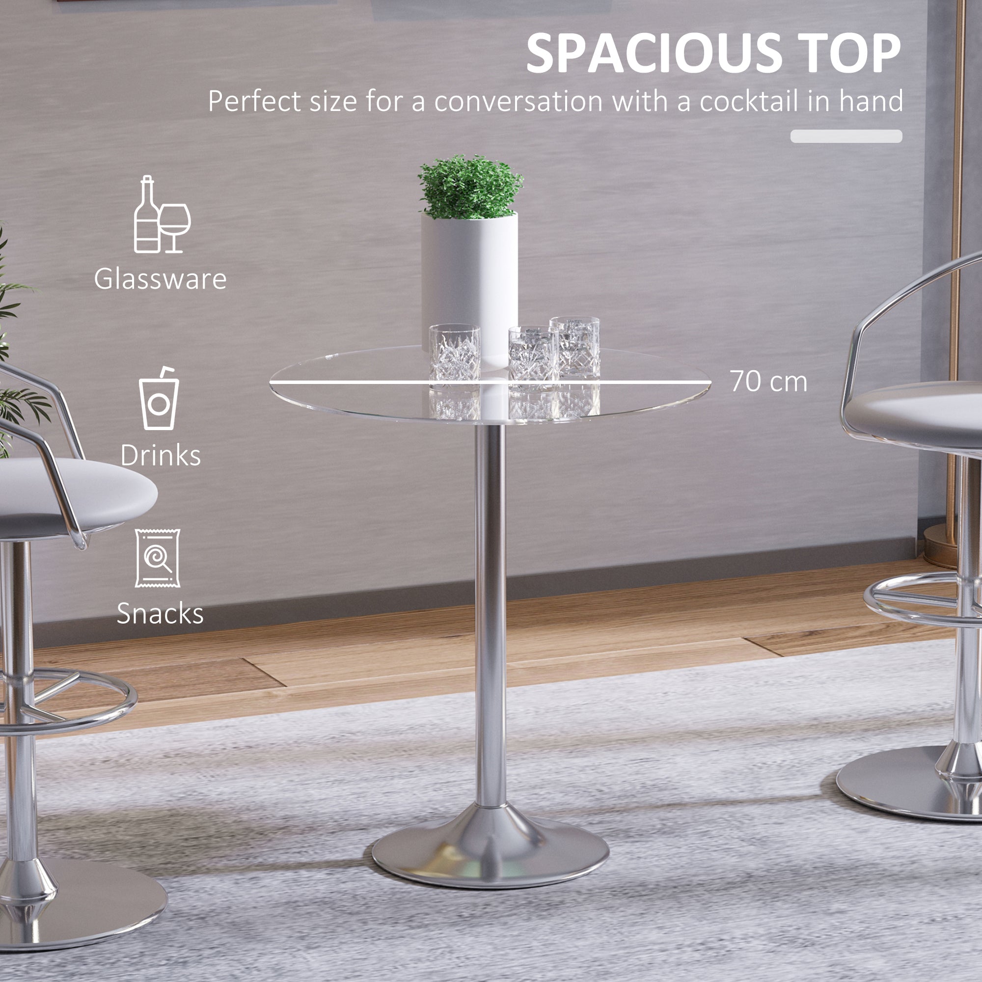 Glass Top Modern Bar Table 70cm Round for 4 People - Velmora