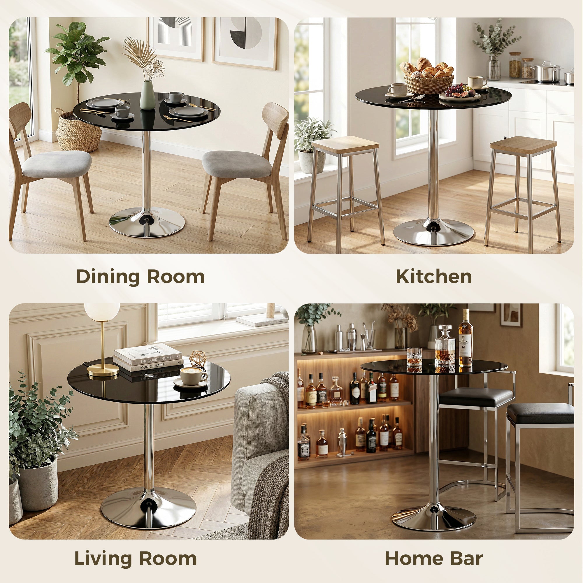 Glass Top Modern Bar Table 80cm Round for 4 People - Velmora