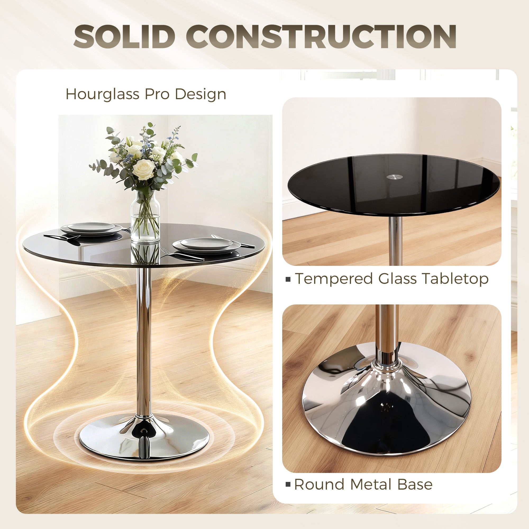 Glass Top Modern Bar Table 80cm Round for 4 People - Velmora