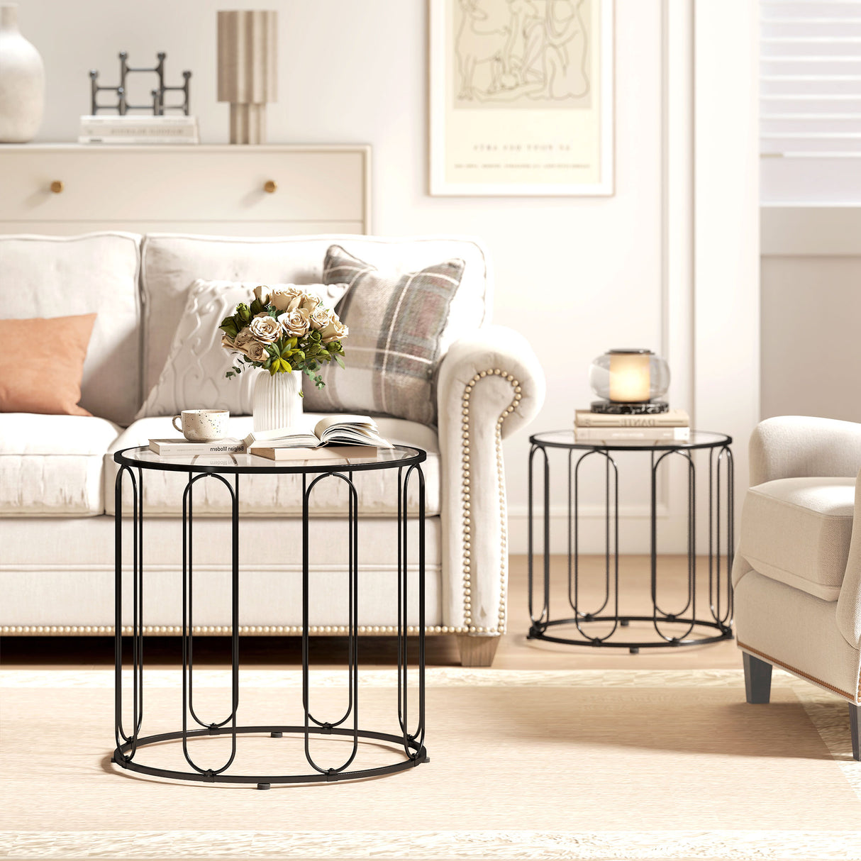Glass Top Nest of 2 Tables Round With Elliptical Cut-Out Design - Velmora