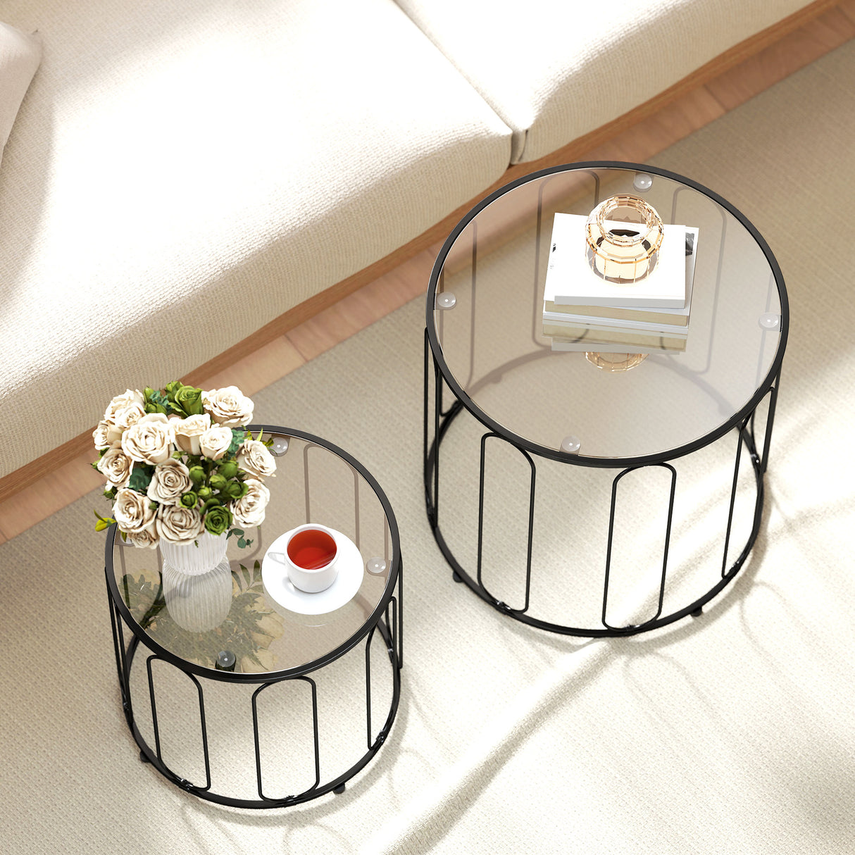 Glass Top Nest of 2 Tables Round With Elliptical Cut-Out Design - Velmora