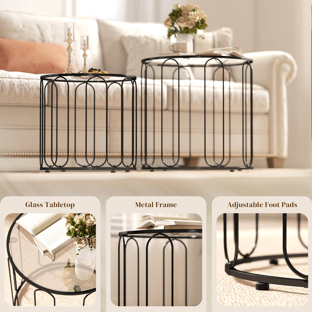 Glass Top Nest of 2 Tables Round With Elliptical Cut-Out Design - Velmora