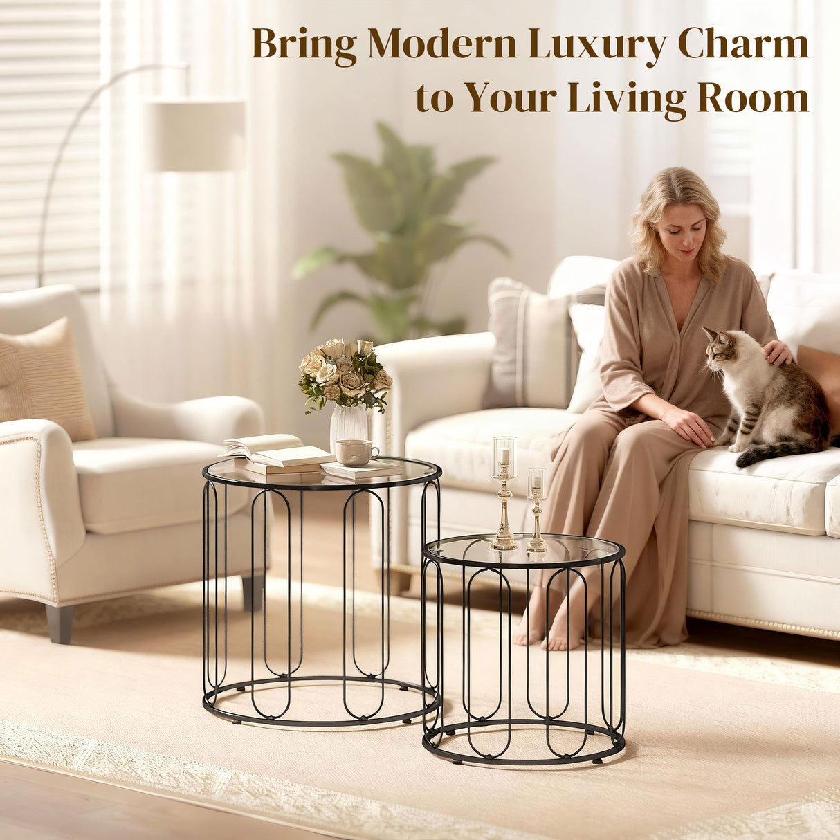 Glass Top Nest of 2 Tables Round With Elliptical Cut-Out Design - Velmora