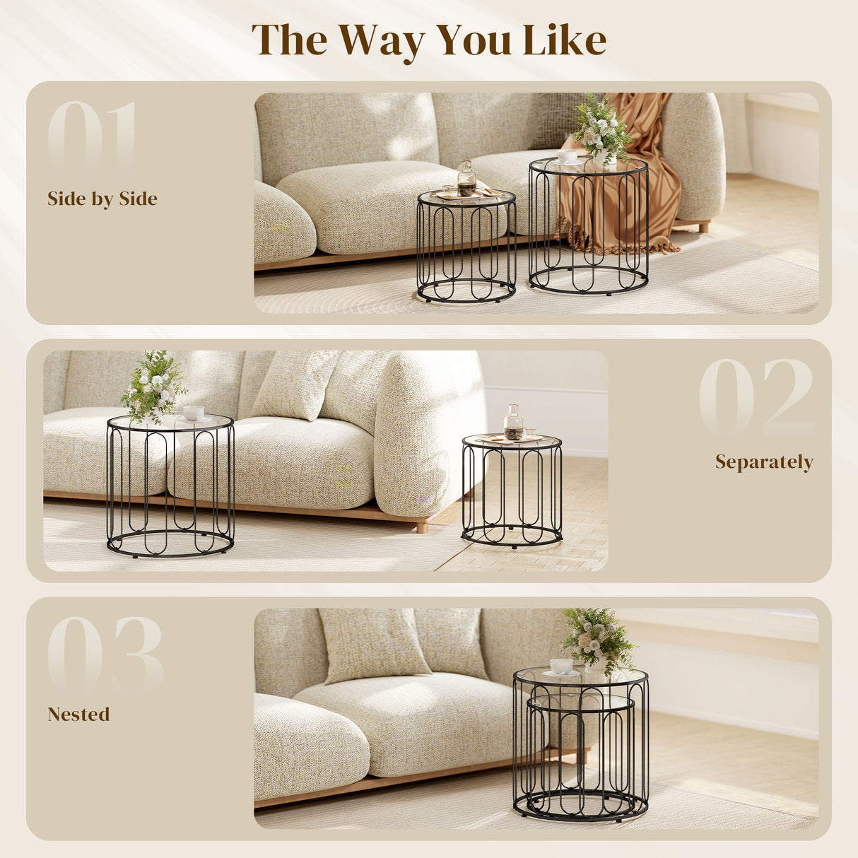 Glass Top Nest of 2 Tables Round With Elliptical Cut-Out Design - Velmora