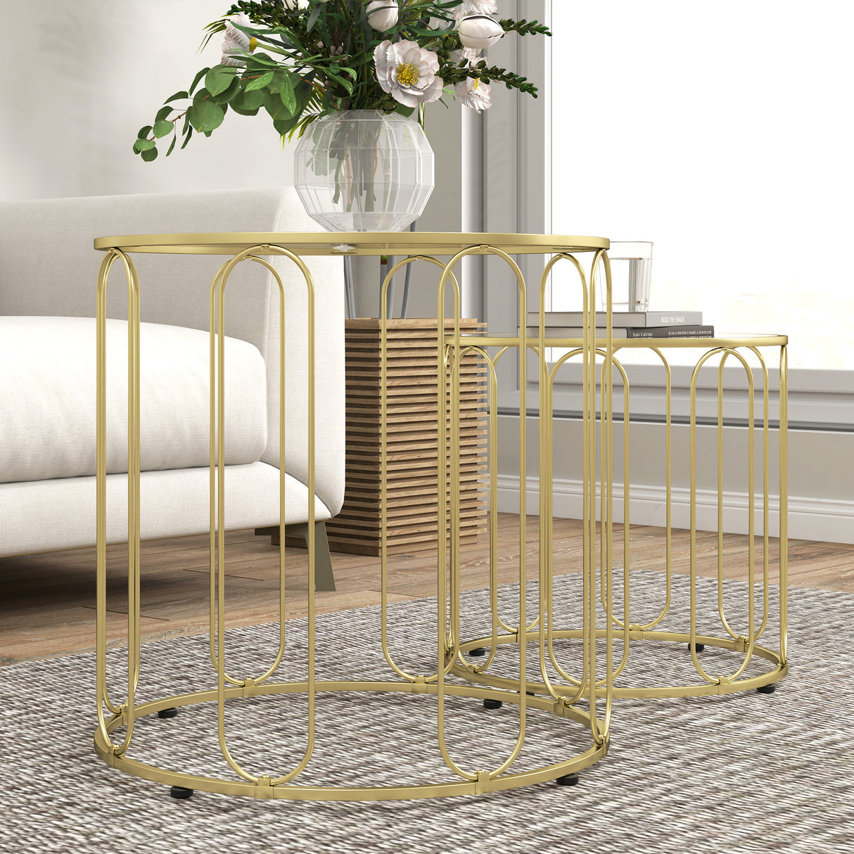 Glass Top Nest of 2 Tables Round With Elliptical Cut-Out Design - Velmora