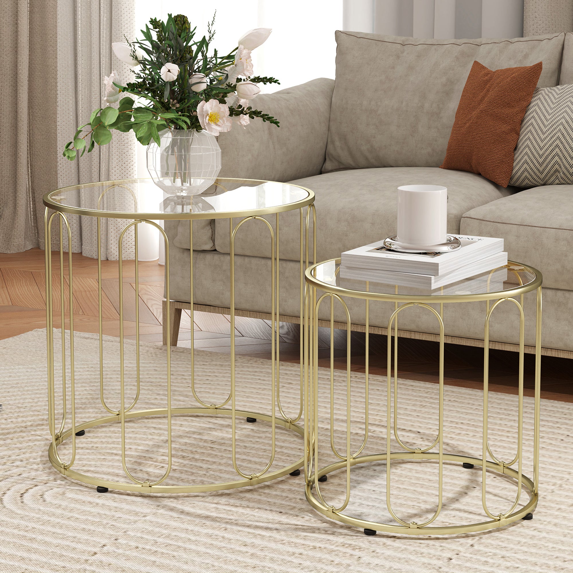 Glass Top Nest of 2 Tables Round With Elliptical Cut-Out Design - Velmora