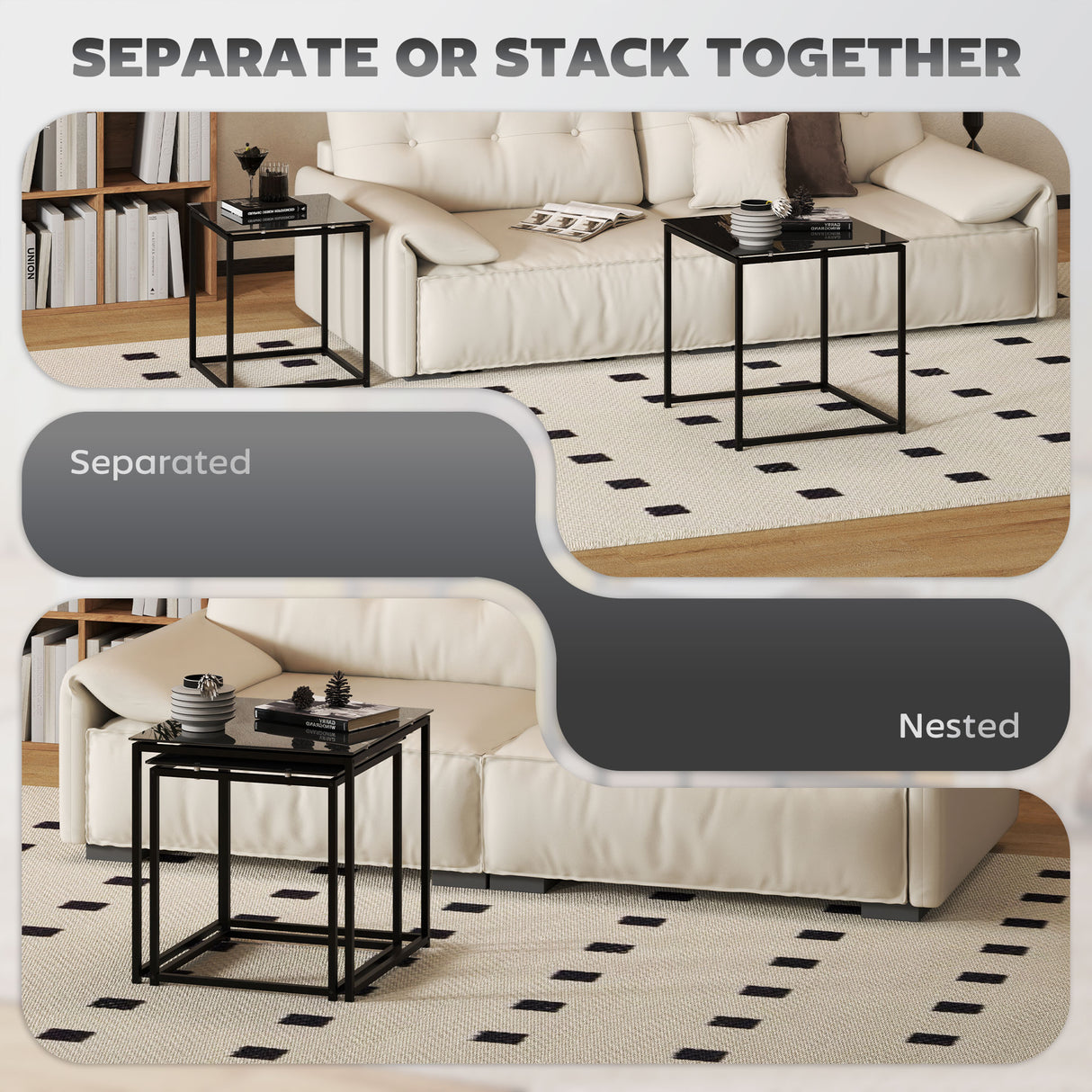Glass Top Nest of 2 Tables Square With Metal Frame - Velmora