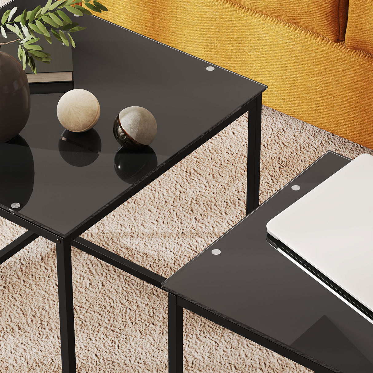 Glass Top Nest of 2 Tables Square With Metal Frame - Velmora