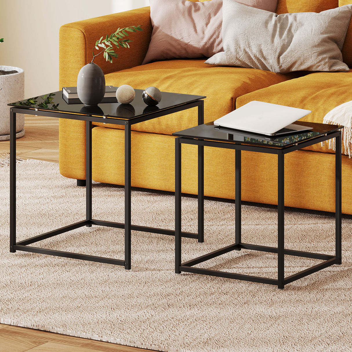 Glass Top Nest of 2 Tables Square With Metal Frame - Velmora
