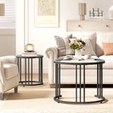 Glass Top Nesting Coffee Tables Round in Set of 2 With Black Steel Frame - Velmora