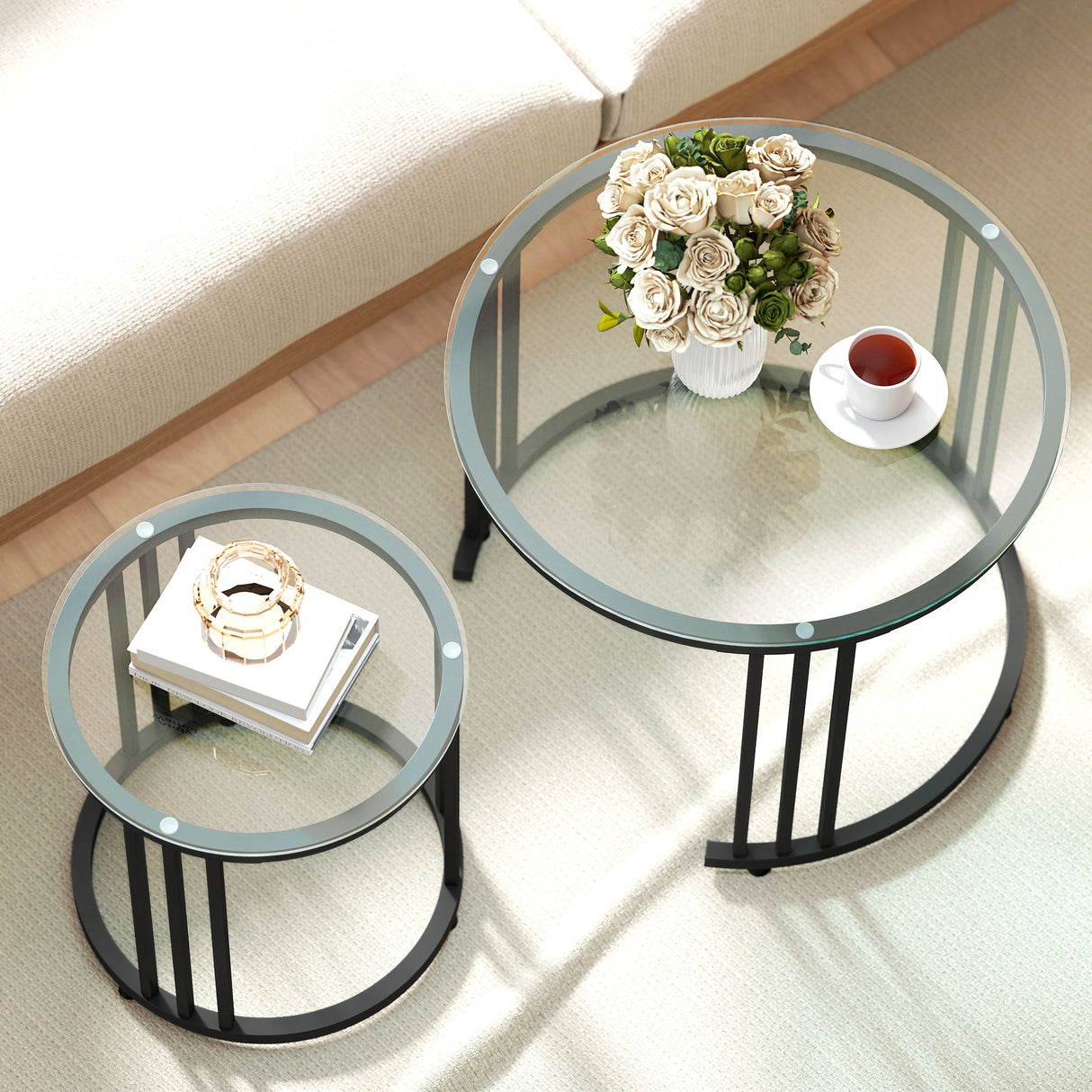 Glass Top Nesting Coffee Tables Round in Set of 2 With Black Steel Frame - Velmora