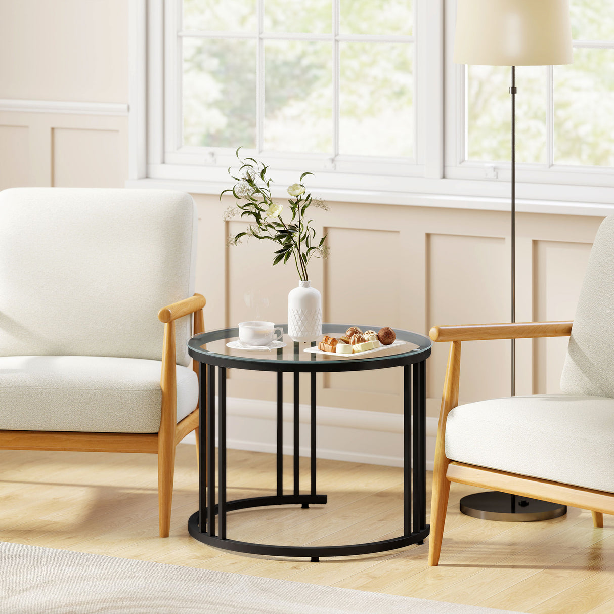 Glass Top Nesting Coffee Tables Round in Set of 2 With Black Steel Frame - Velmora