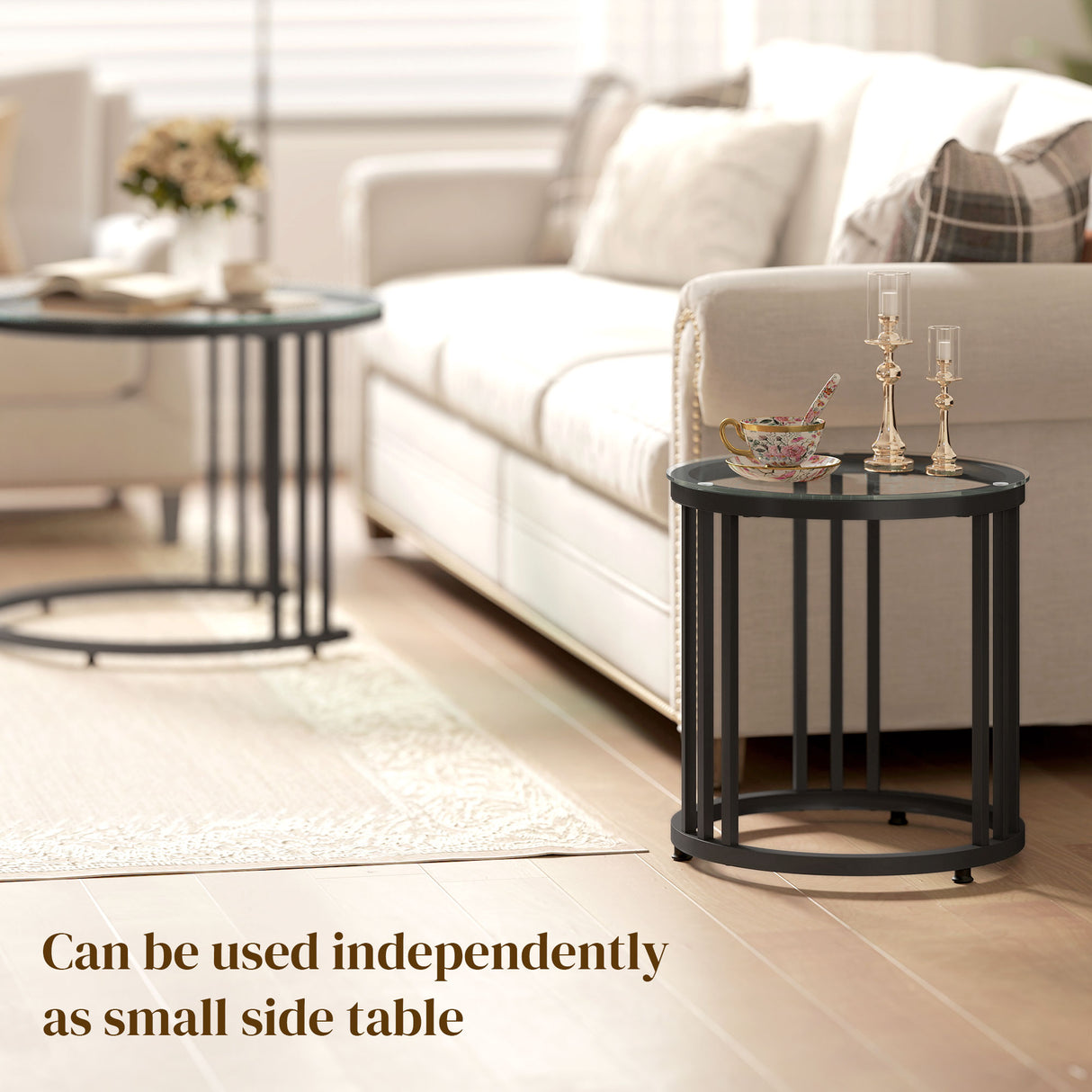Glass Top Nesting Coffee Tables Round in Set of 2 With Black Steel Frame - Velmora