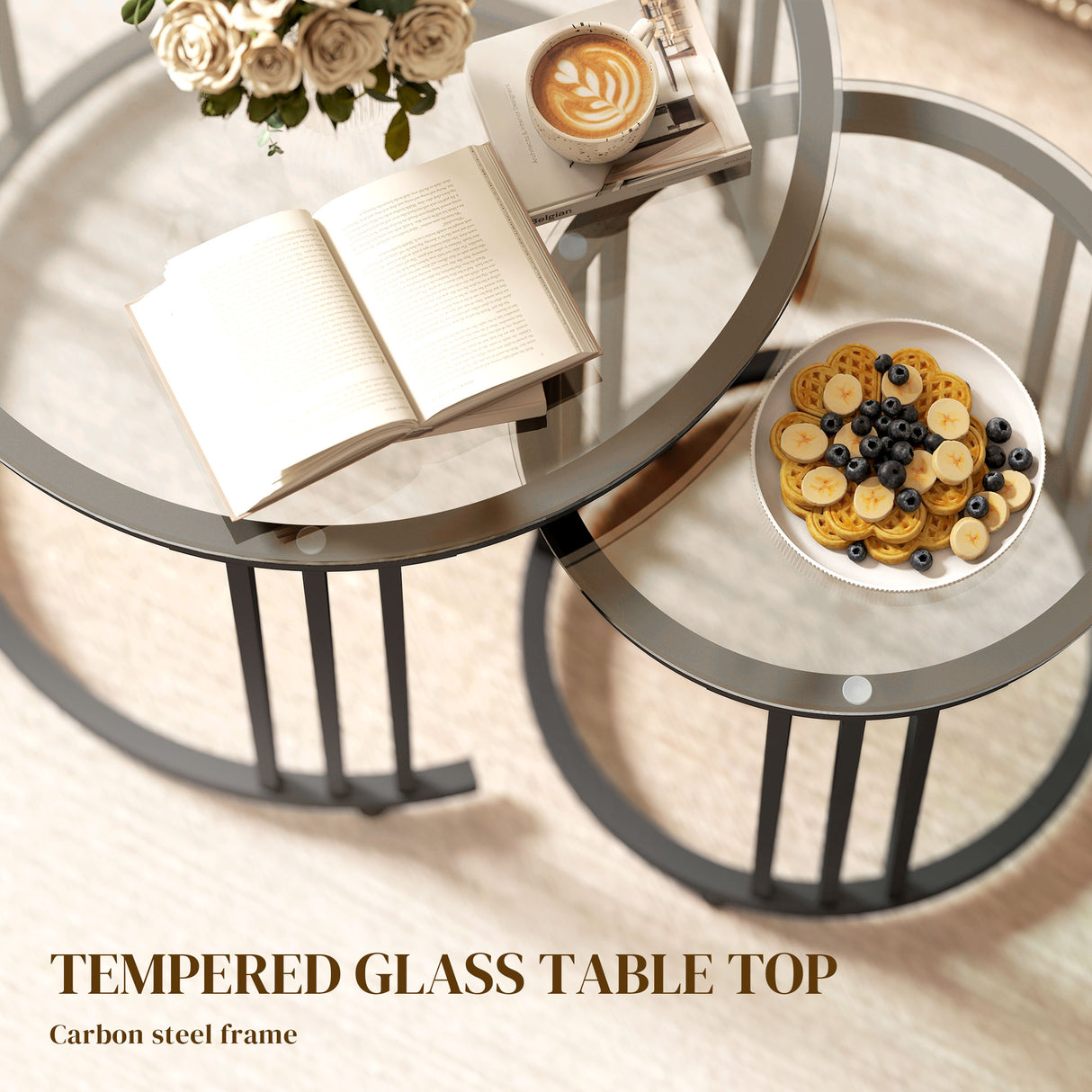Glass Top Nesting Coffee Tables Round in Set of 2 With Black Steel Frame - Velmora