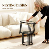 Glass Top Nesting Coffee Tables Round in Set of 2 With Black Steel Frame - Velmora