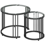 Glass Top Nesting Coffee Tables Round in Set of 2 With Black Steel Frame - Velmora