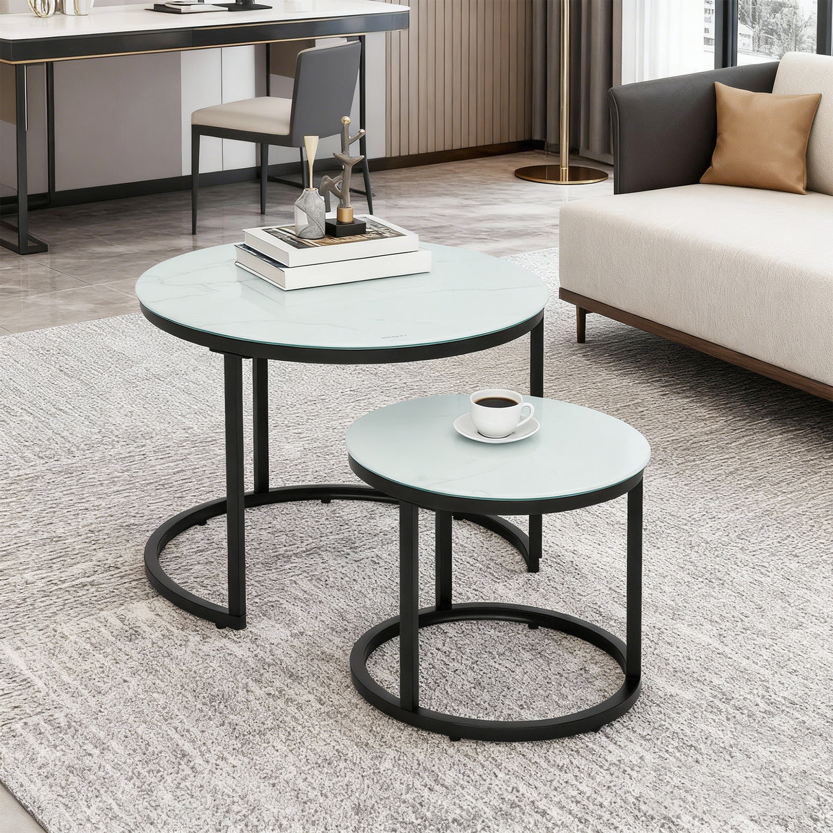 Glass Top Nesting Coffee Tables Round in Set of 2 With Steel Frame - Velmora