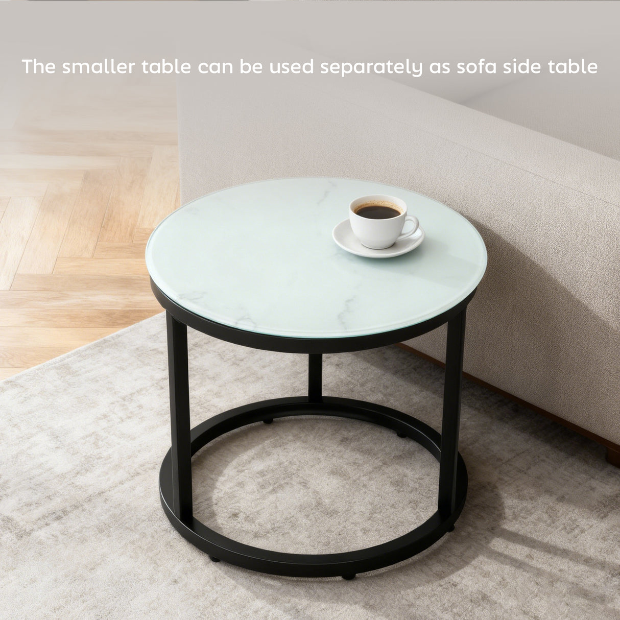 Glass Top Nesting Coffee Tables Round in Set of 2 With Steel Frame - Velmora