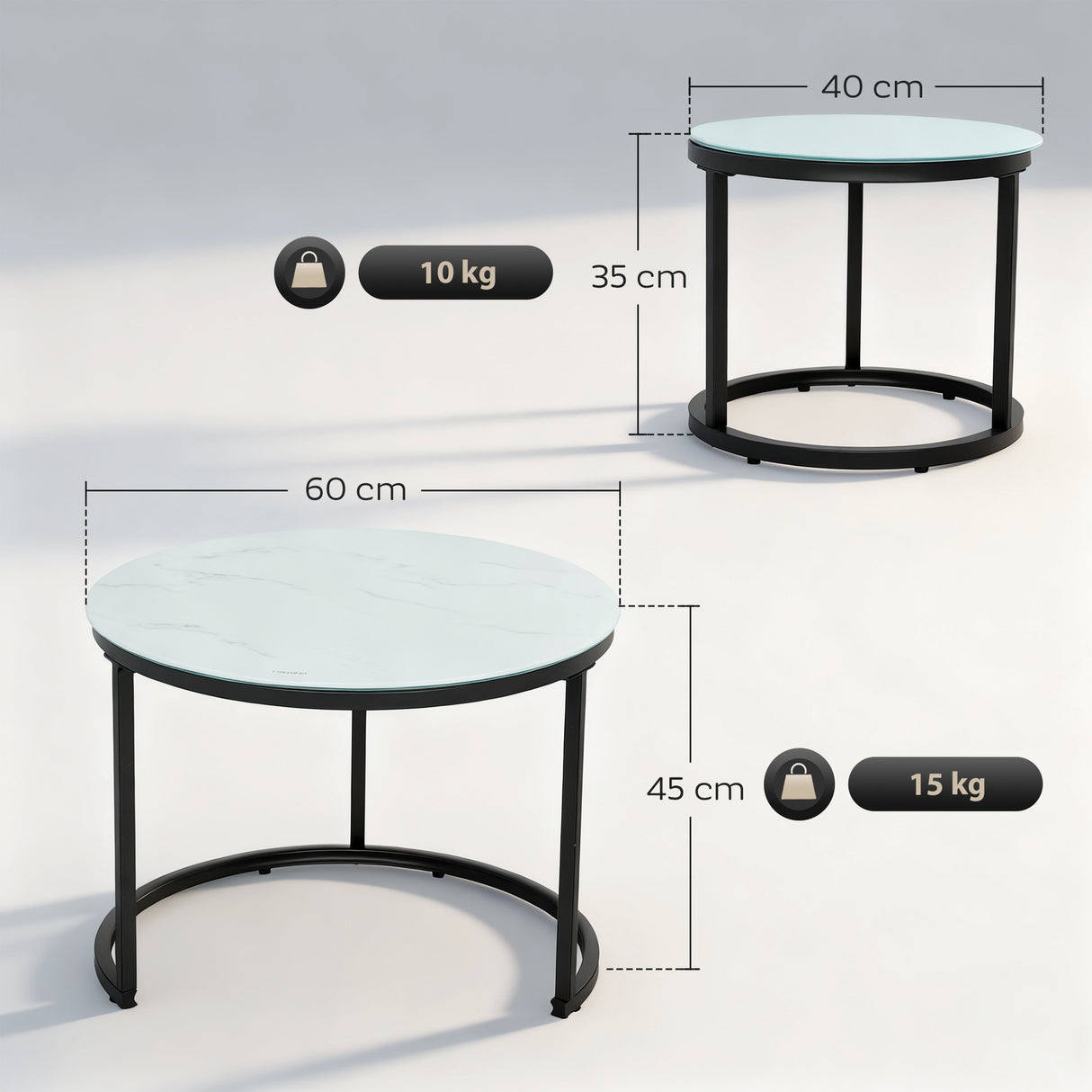 Glass Top Nesting Coffee Tables Round in Set of 2 With Steel Frame - Velmora